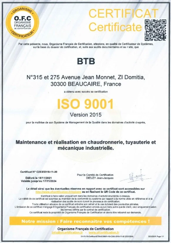 btb certificat iso 9001 version 2015